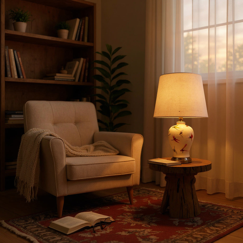 AcaciaHome Oriental Design Large Floral Ceramic Table Lamp with Drum Shade