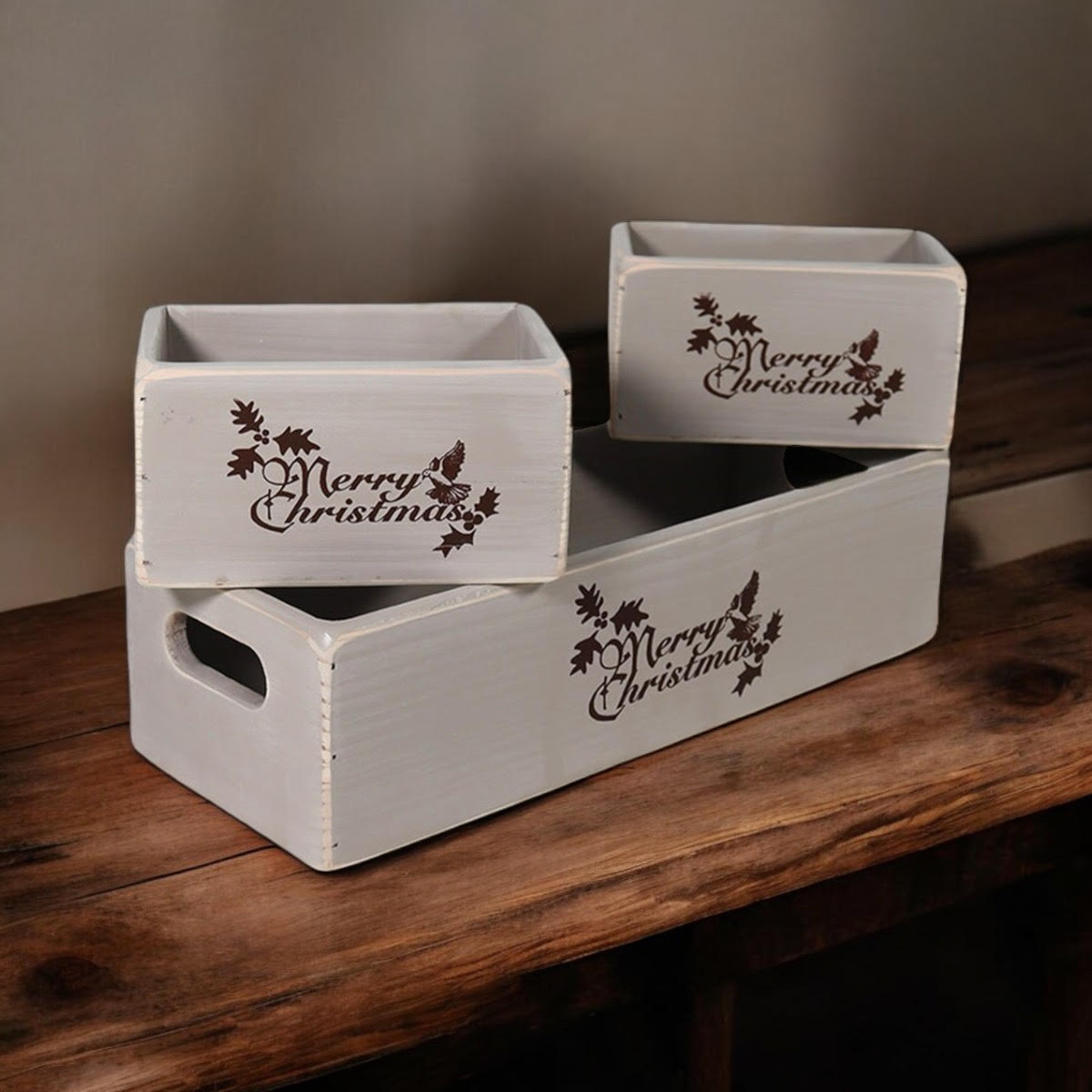 AcaciaHome Stylish and Vintage Wooden Merry Christmas Storage Crate Set (Grey)