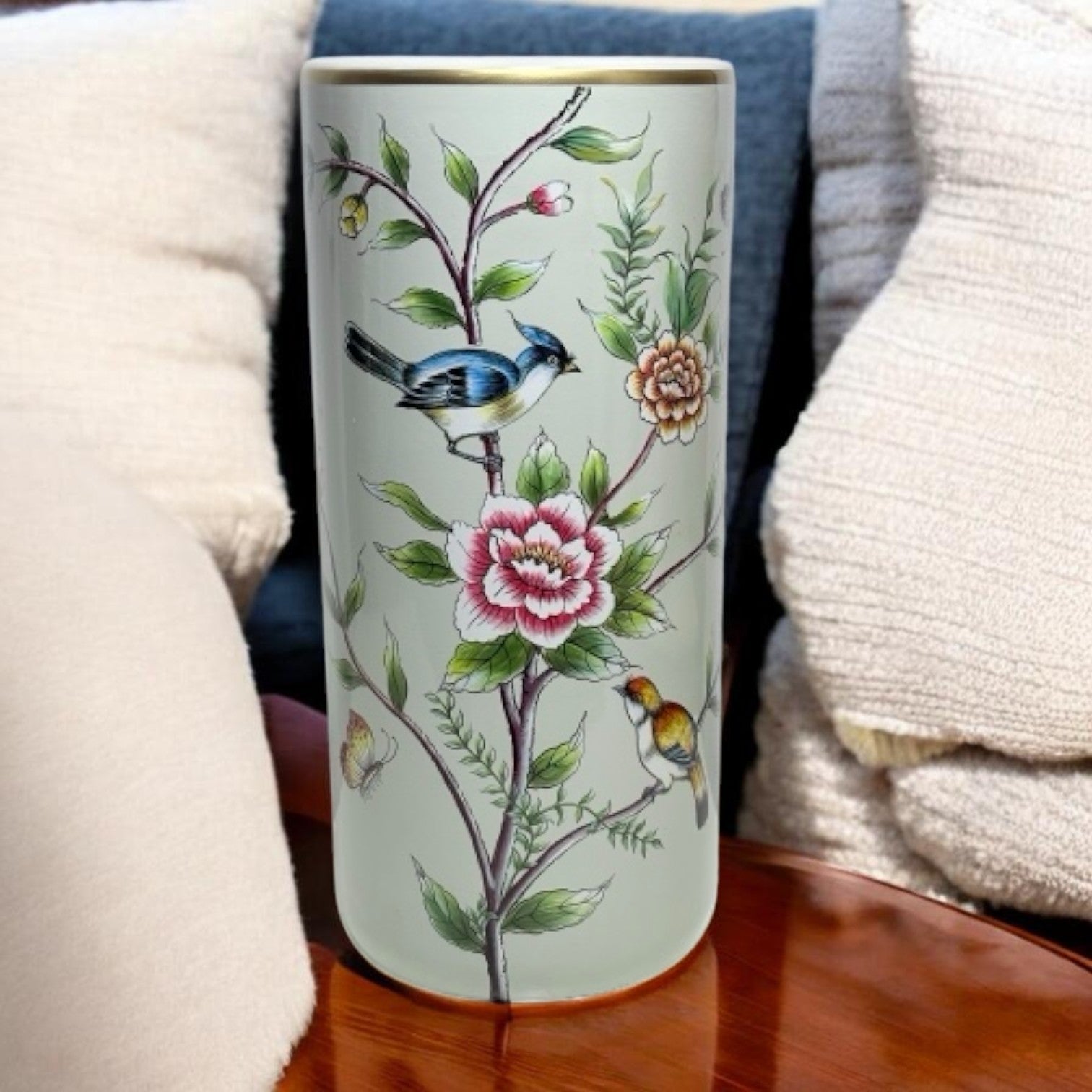 AcaciaHome Ceramic 18” Tall Floral Design Umbrella Stand (Floral with 2 Birds Design)