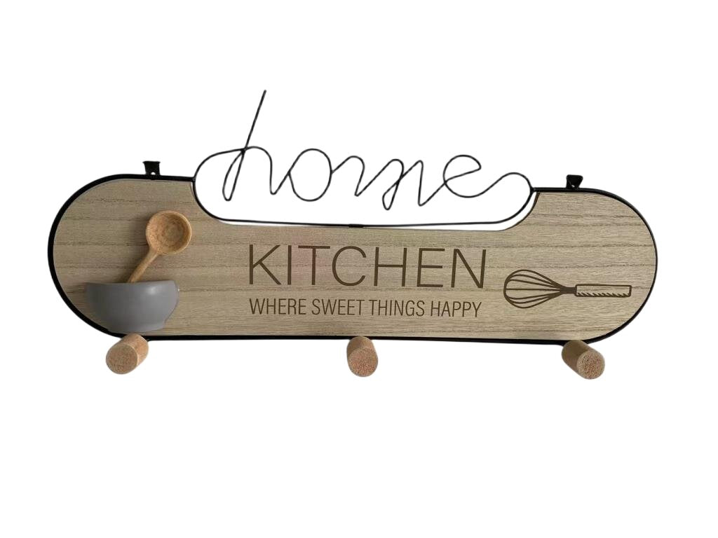 AcaciaHome Durable & Modern Wall Mounted Wooden Kitchen Shelf with 3 Iron Hooks