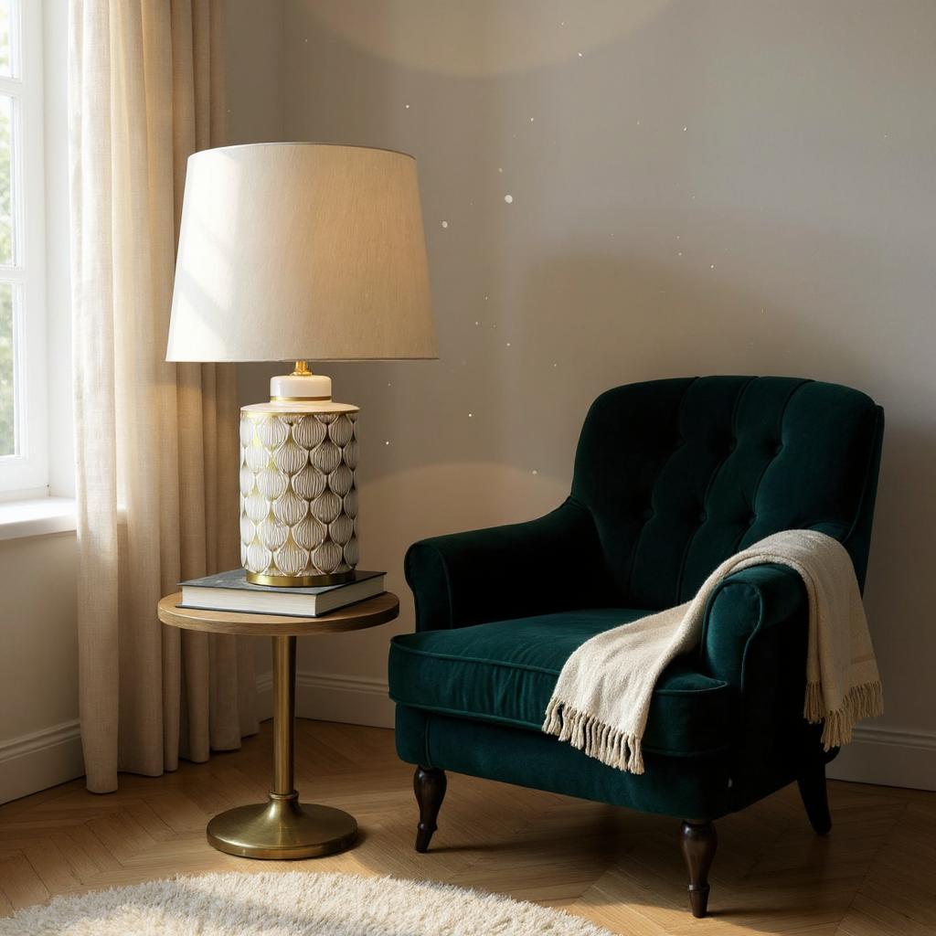 Cream Ceramic Table Lamp with Drum Shade (Floral Vase - 63cm Shade)