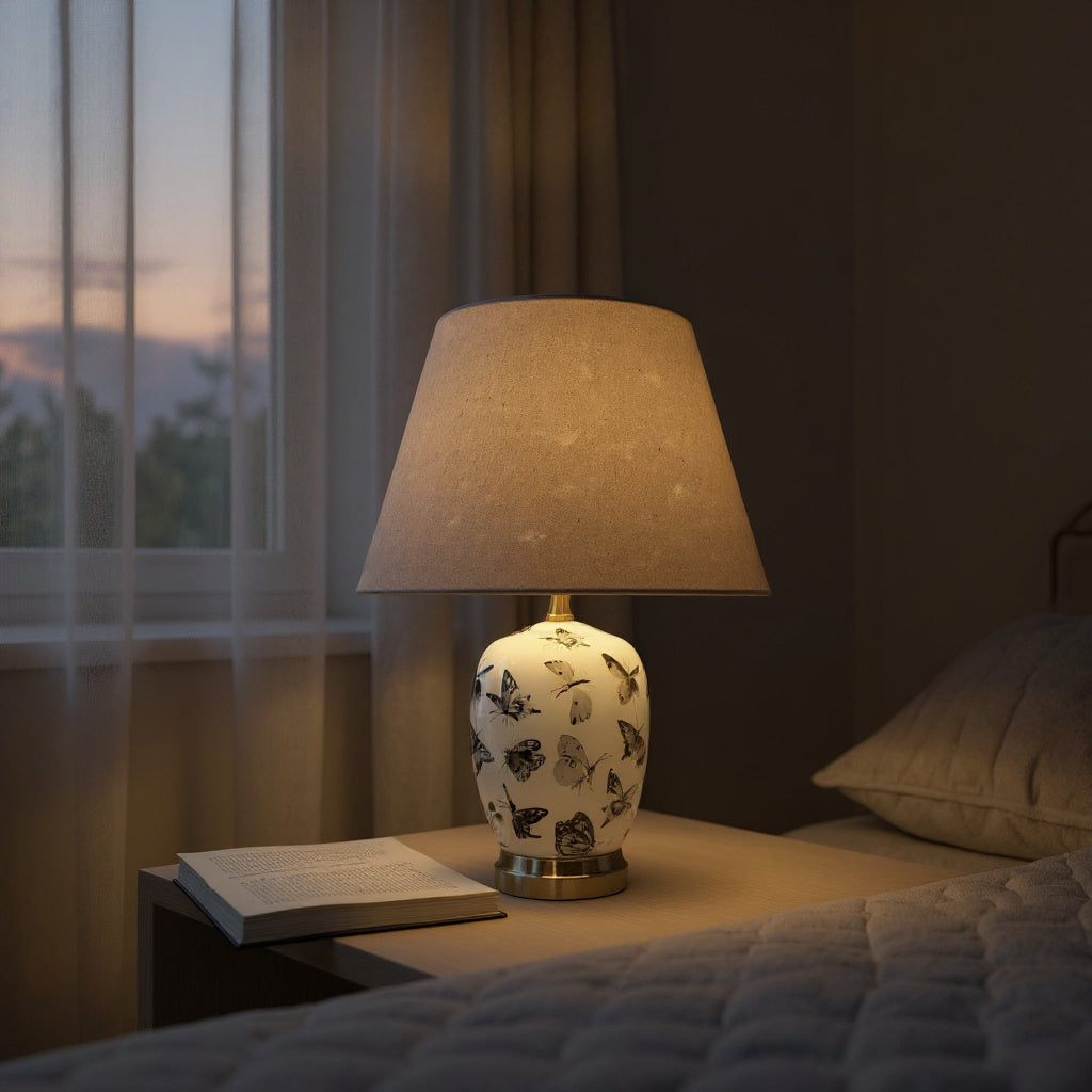 Oriental Design Large Floral Ceramic Table Lamp with Drum Shade (50cm Black White Butterfly)