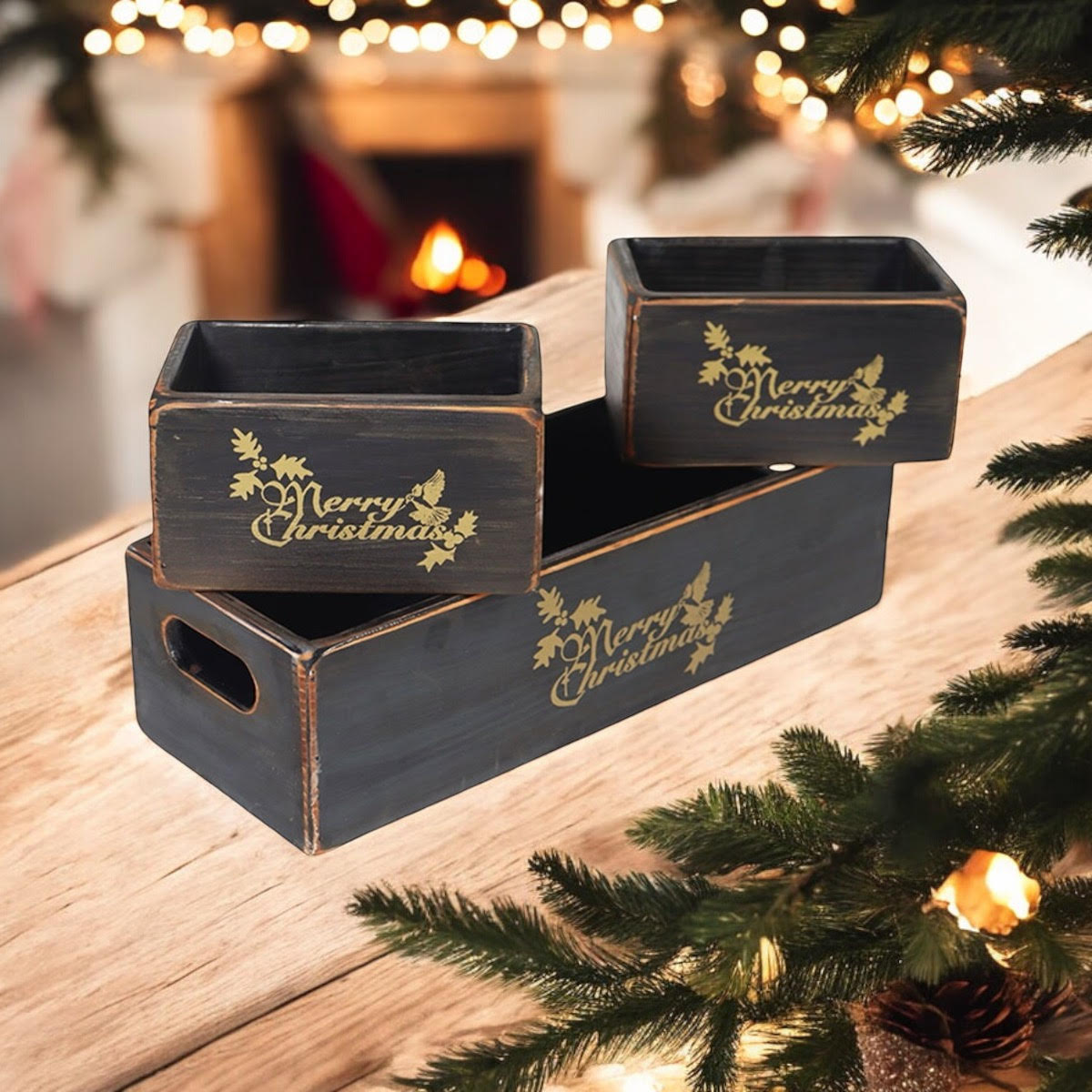AcaciaHome Stylish and Vintage Wooden Merry Christmas Storage Crate Set (Light Black)