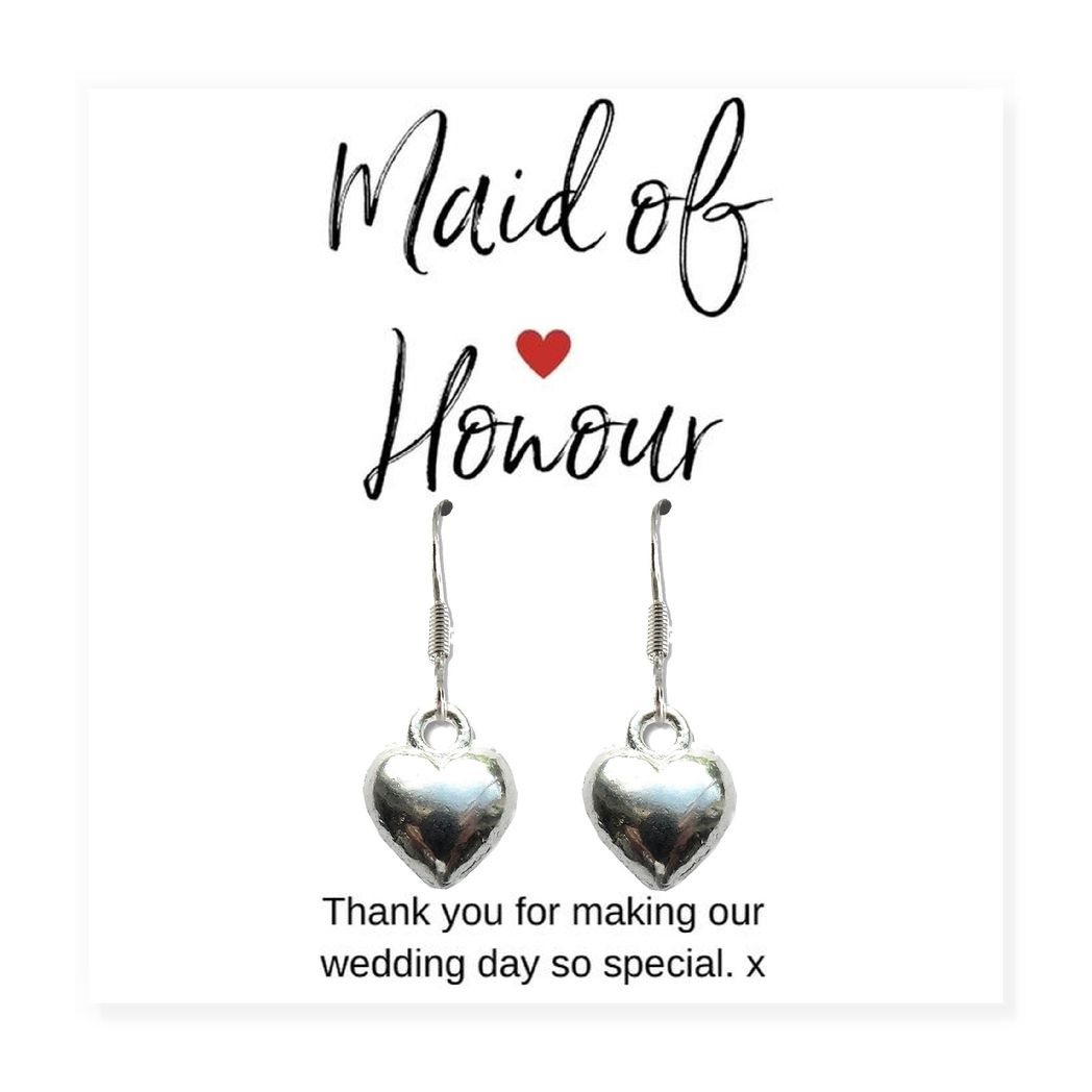 Maid of Honour Heart Earrings & Thank You Card Gift