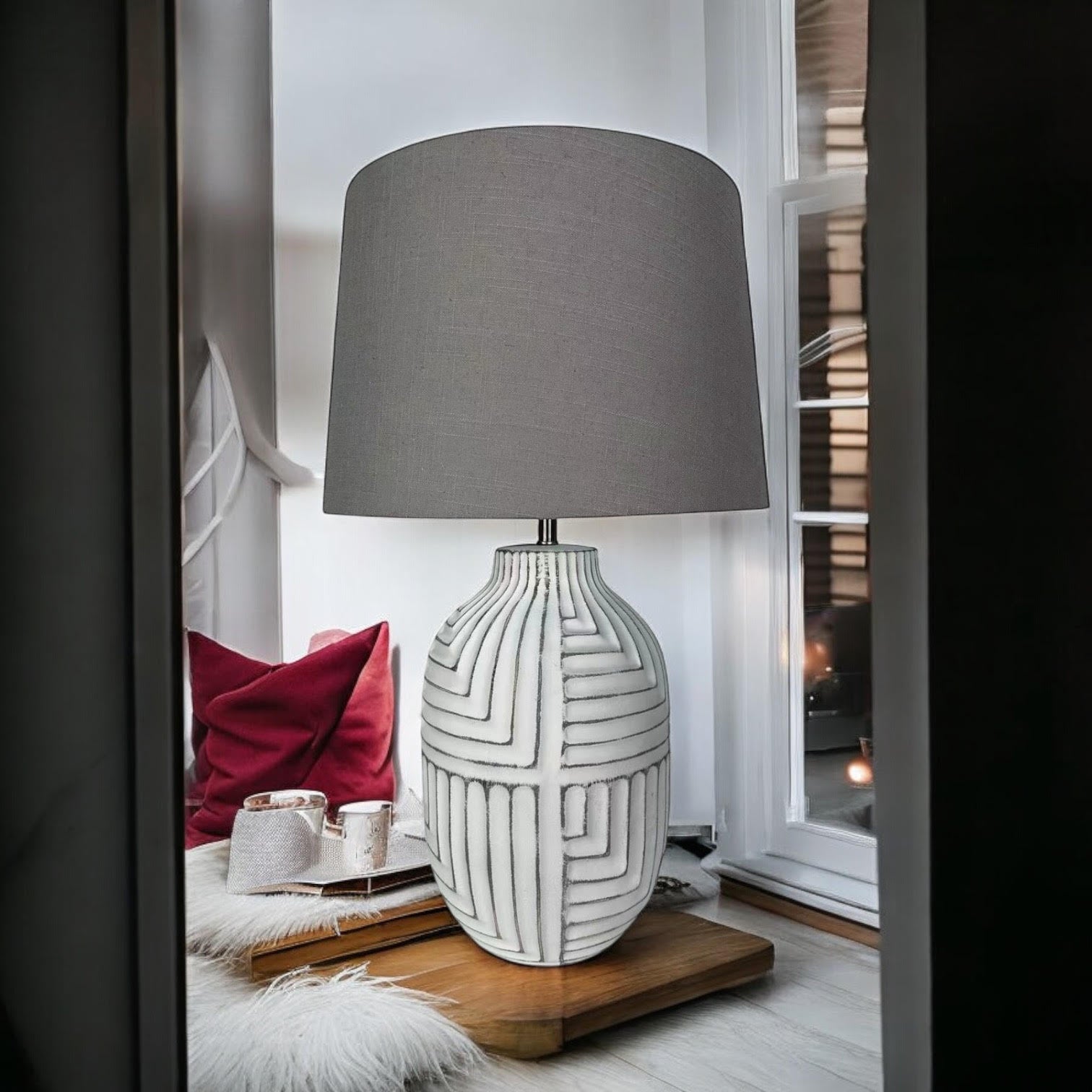 Oriental Design Large Floral Ceramic Table Lamp with Drum Shade (50cm Stone Look)