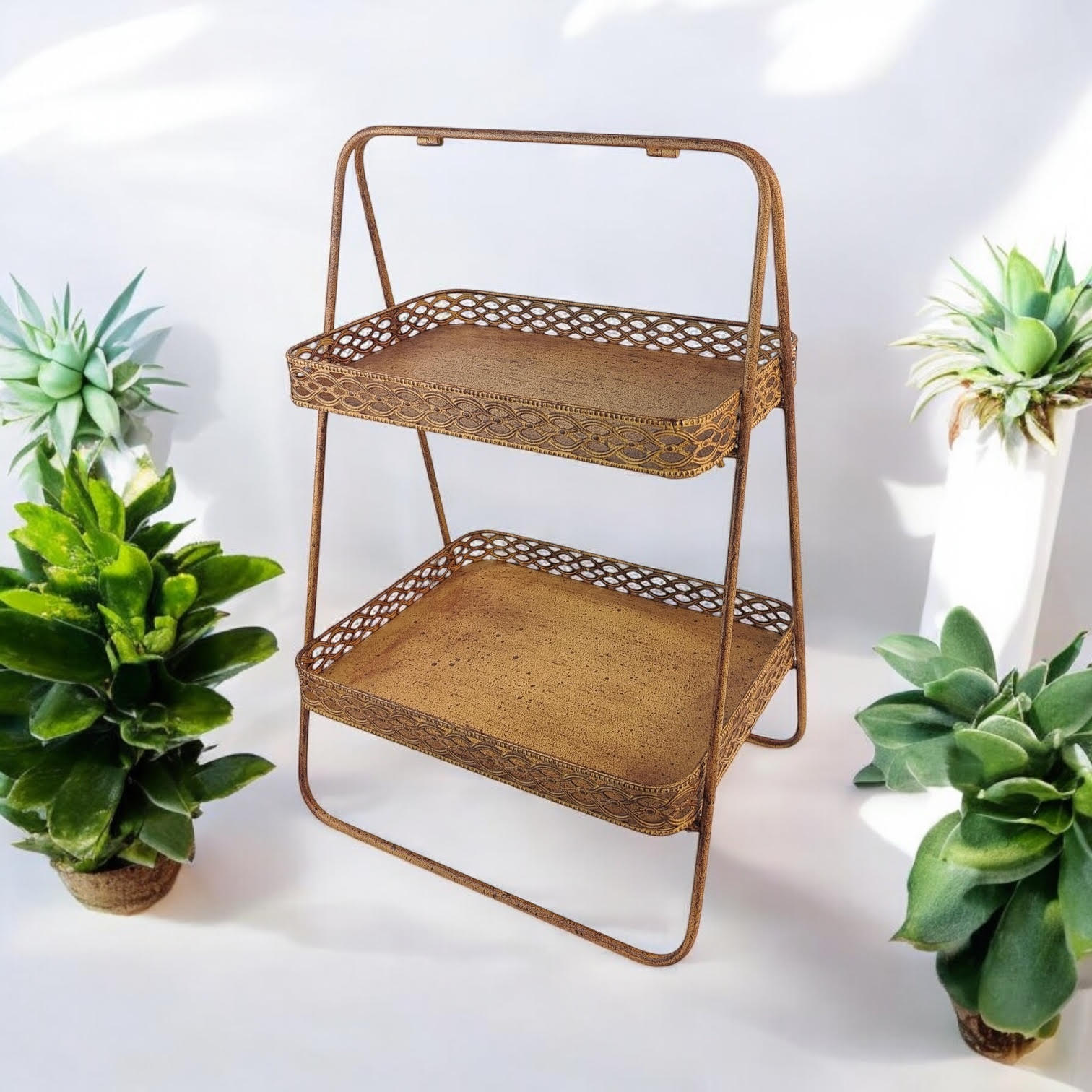 AcaciaHome Rusty 2-Tier 59cm Rectangular Metal Cake & Plant Stand