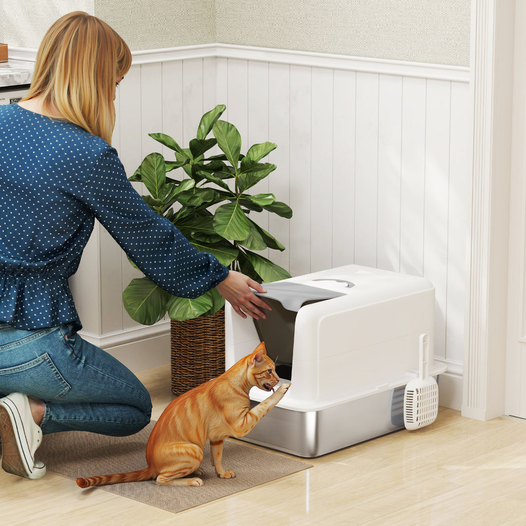PawHut Stainless Steel Cat Litter Box with Removable Lid & Scoop, White