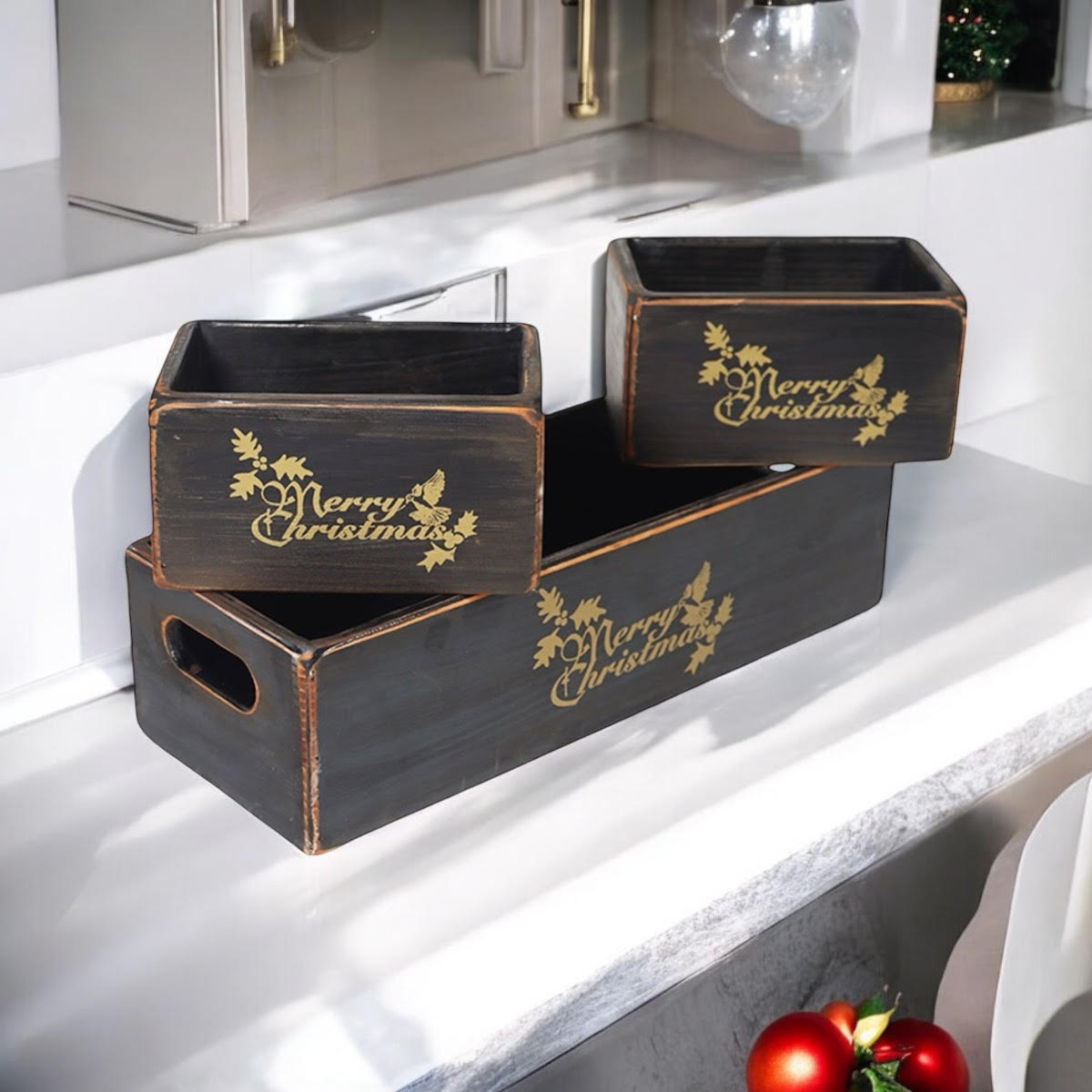 AcaciaHome Stylish and Vintage Wooden Merry Christmas Storage Crate Set (Light Black)