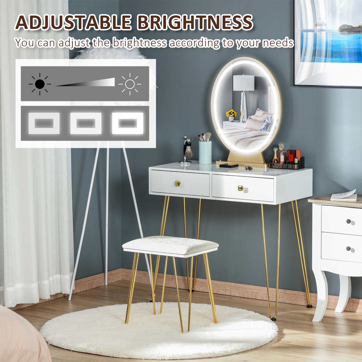 Dressing Table Set With LED Mirror & Stool 2 Drawers Makeup Desk