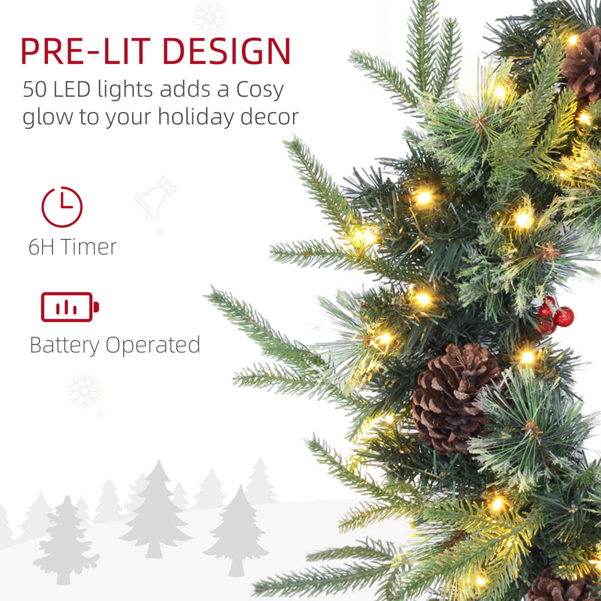 HOMCOM 60cm Christmas Wreath with LED Lights Pine Cones Red Berries Green