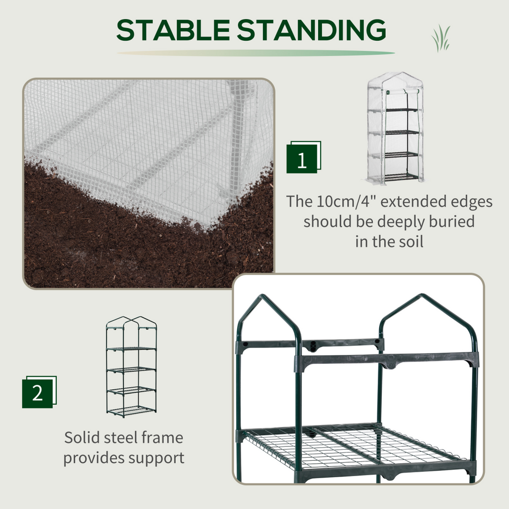 4-Tier Mini Greenhouse with Green & White PE Cover – 160cm
