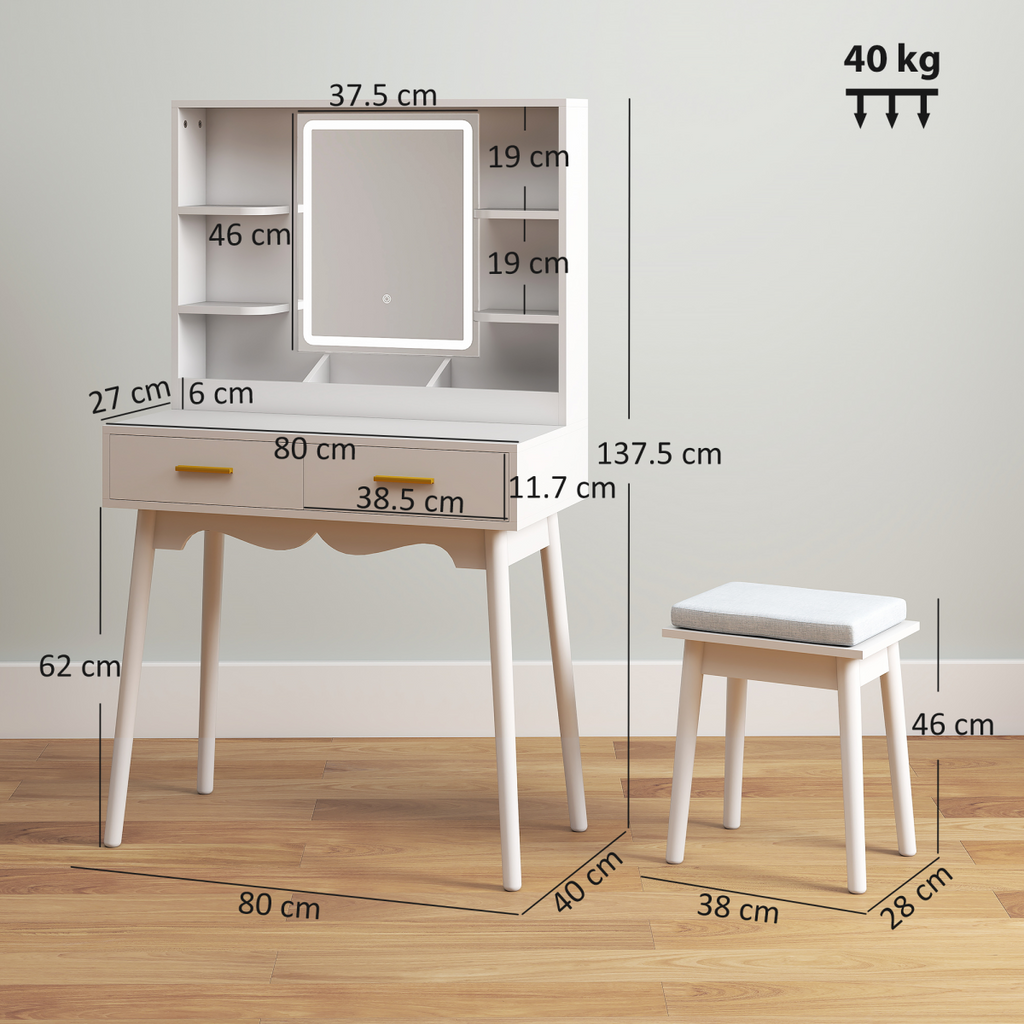 HOMCOM Dressing Table with LED Lighted Mirror and Cushioned Stool White
