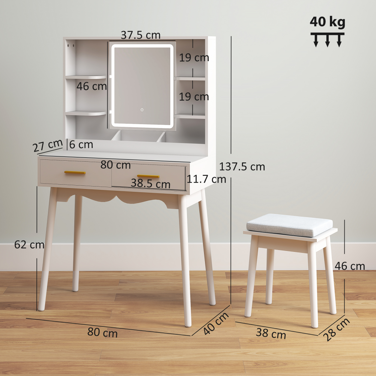 HOMCOM Dressing Table with LED Lighted Mirror and Cushioned Stool White