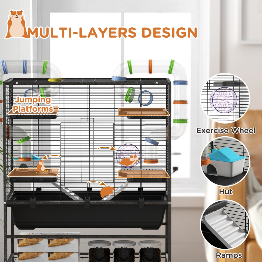 PawHut Large Hamster Cage, Rat Cage with Wheels, Tubes, Storage Shelf, Ramps