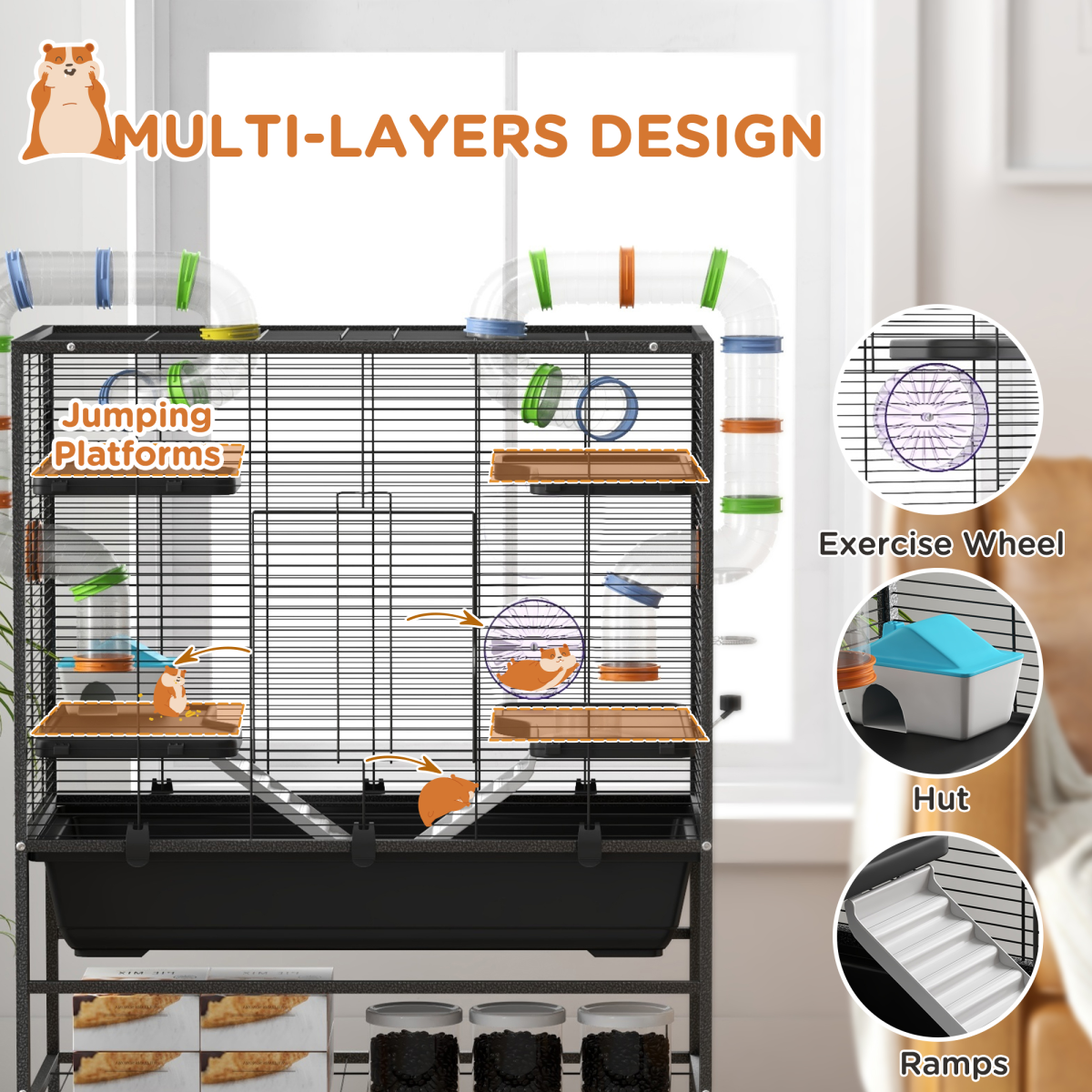 PawHut Large Hamster Cage, Rat Cage with Wheels, Tubes, Storage Shelf, Ramps
