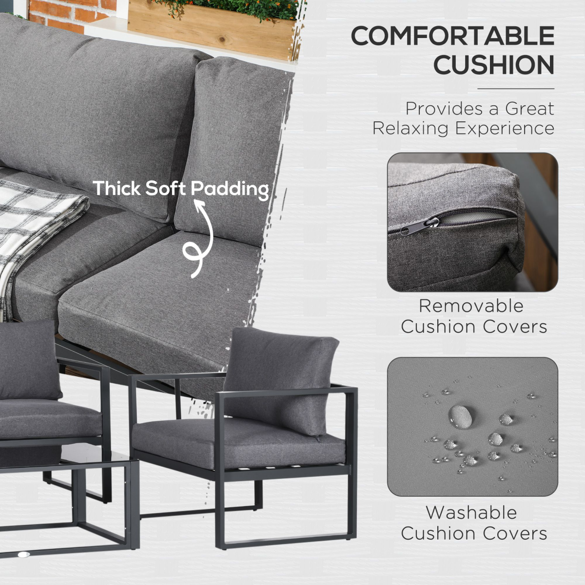 Outsunny 4 Pieces Garden Sectional Sofa Table Furniture Set Aluminium w/ Cushion