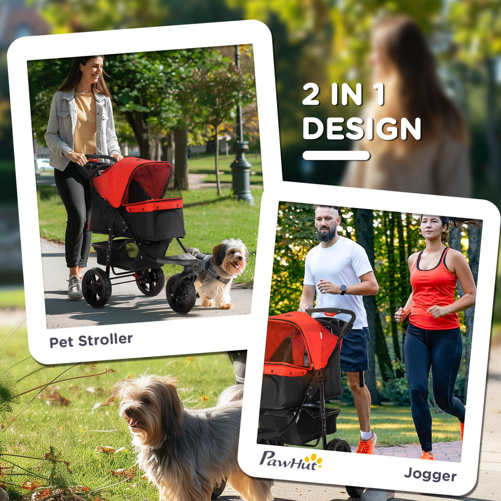 Folding 3 Wheel Pet Stroller Travel Adjustable Canopy Storage Brake Red Pawhut