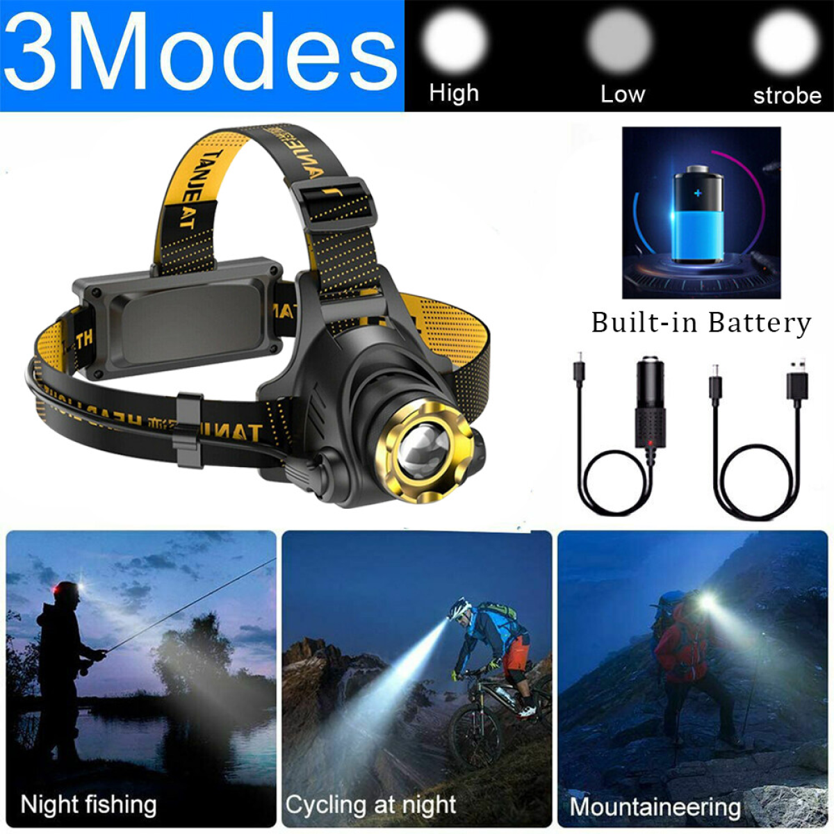 (2 Pack) USB Rechargeable LED Headlamp 3 Modes Head Torch Zoomable Headlight+Car