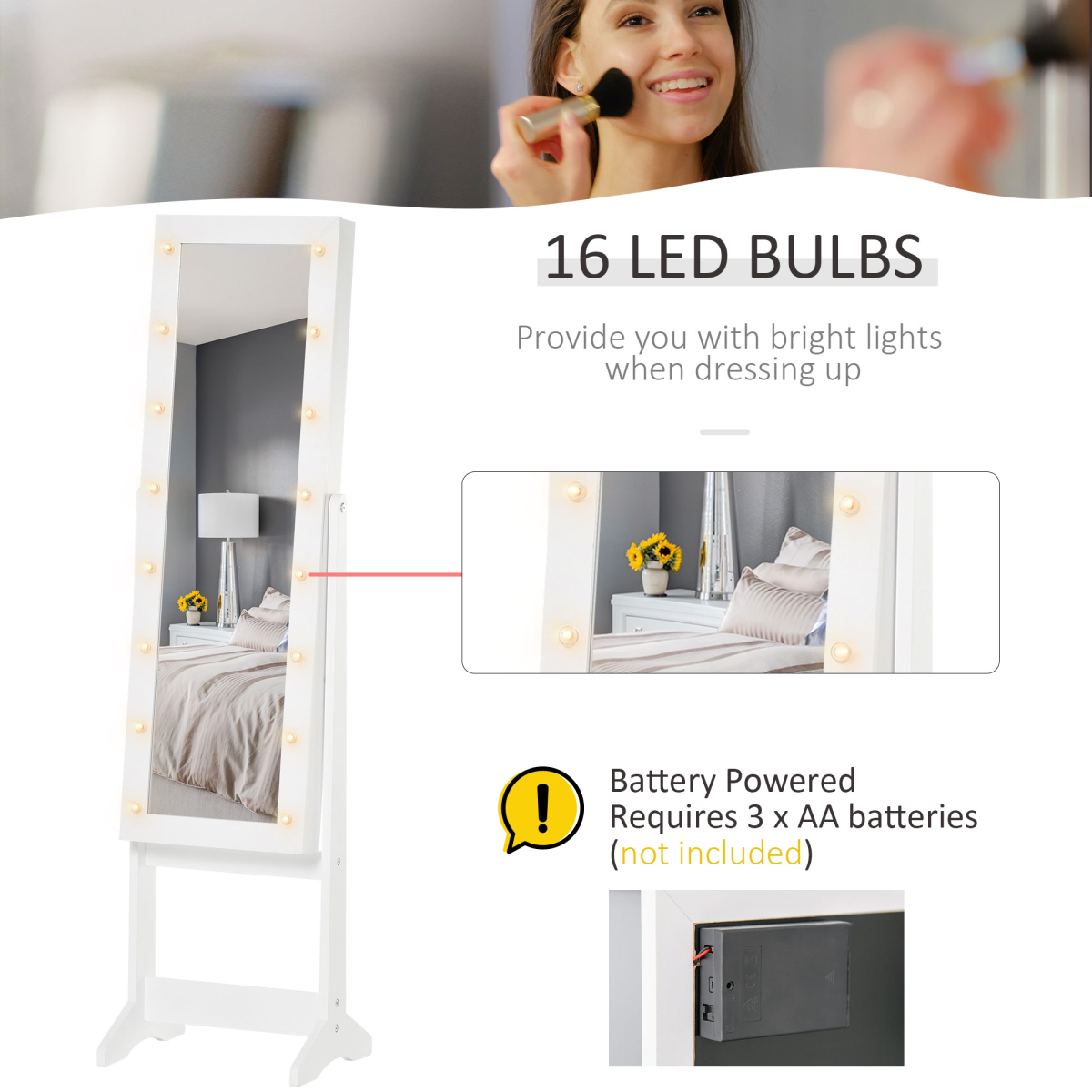 LED Mirrored Jewellery Cabinet, 36Lx30Wx136H cm-White