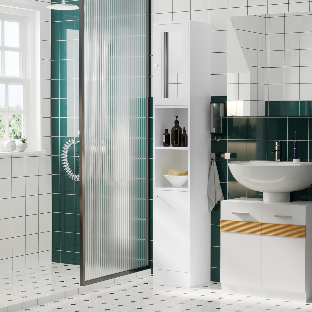 kleankin Bathroom Floor Storage Cabinet with Mirror and Shelves Tallboy Unit