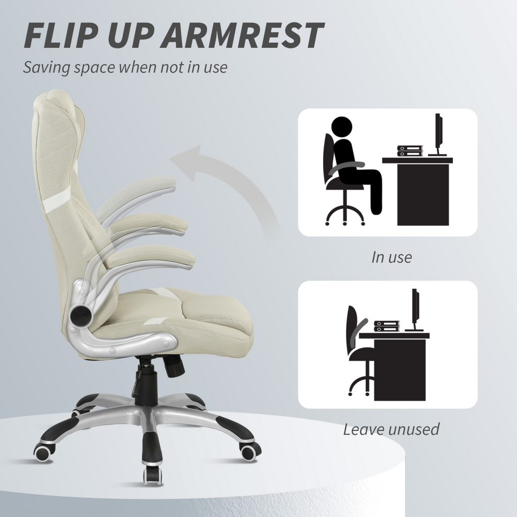 Beige High-Back Linen Office Chair with Flip-Up Arms