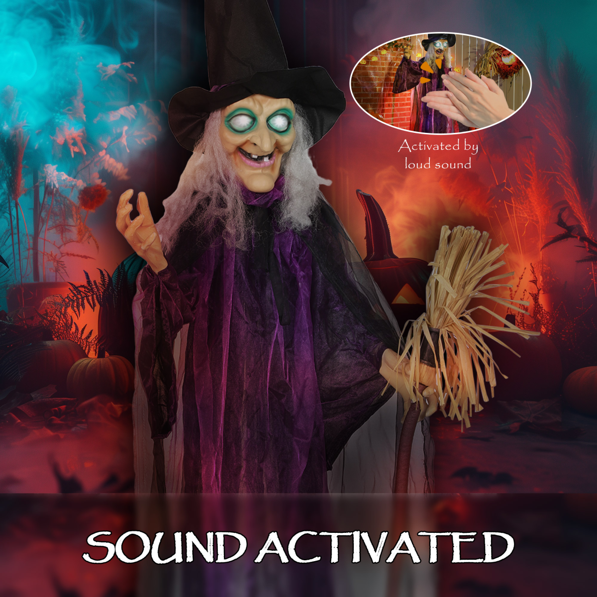 Outsunny Voice Activated Halloween Animatronics Standing Witch, Purple