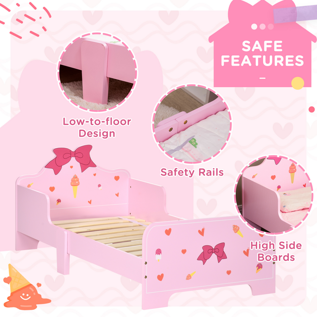 Princess-Themed Kids Toddler Bed with Cute Patterns, Safety Rails - Pink
