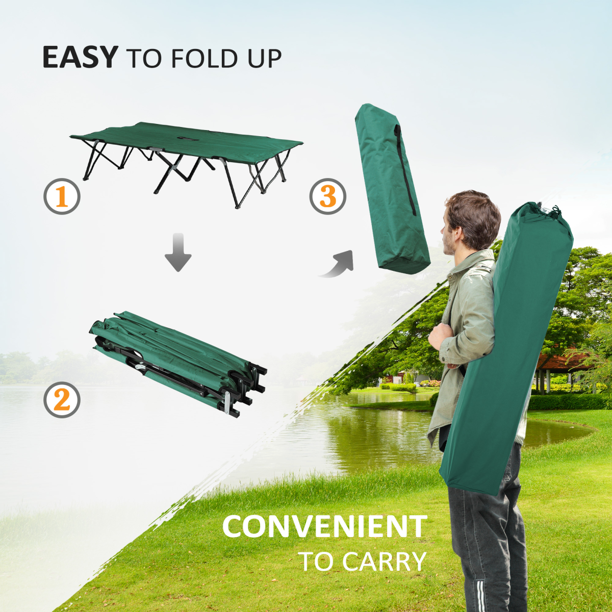 Double Camping Folding Cot Outdoor Portable Sunbed Carry Bag, Green Outsunny