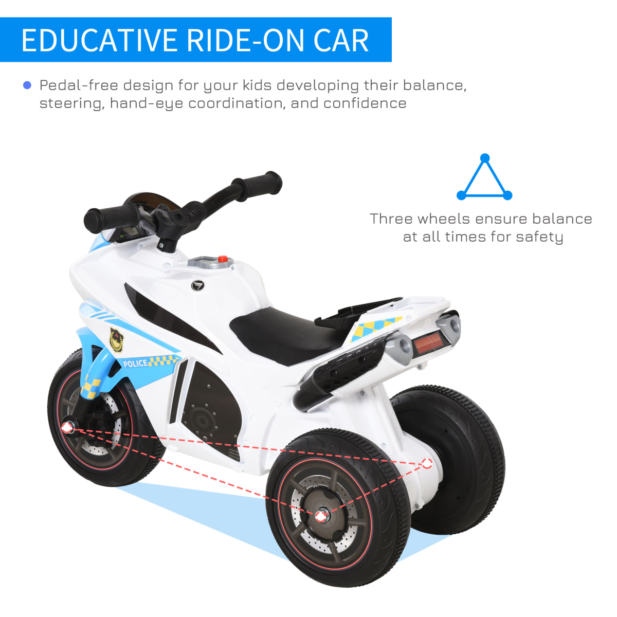 HOMCOM Kids Ride-On Police Bike 3-Wheel Vehicle with Music Lights 18-36 Mths
