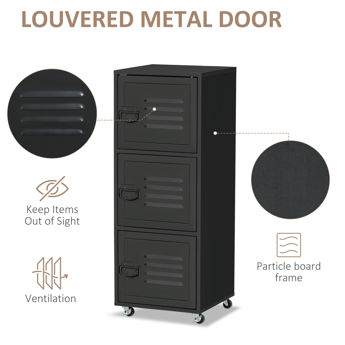 Rolling Storage Cabinet 3-Tier Mobile File Cabinet with Wheels Black