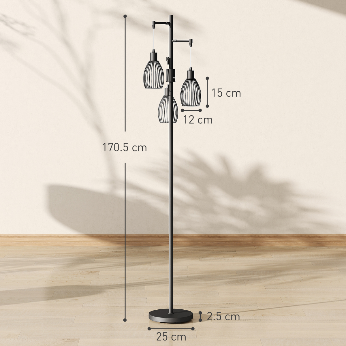 HOMCOM Industrial 3-Light Floor Lamp Dimmable LED Standing Lamp, Black