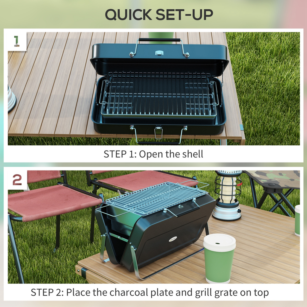 Outsunny Portable BBQ Grill with Suitcase Design for Camping Picnic Party, Black
