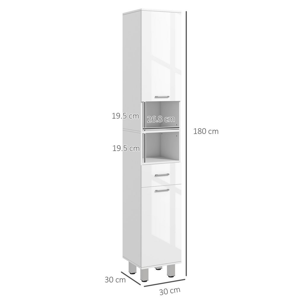 kleankin Tall Narrow Bathroom Storage Cabinet Cupboard w/ Cabinets, White