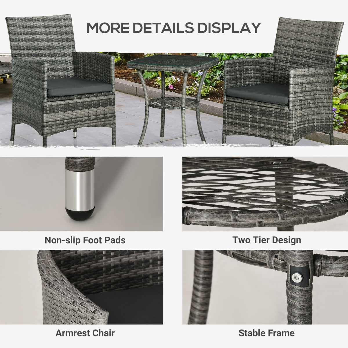 2 Seater GardenRattan Furniture Bistro Set Table Set Conservatory, Light Grey