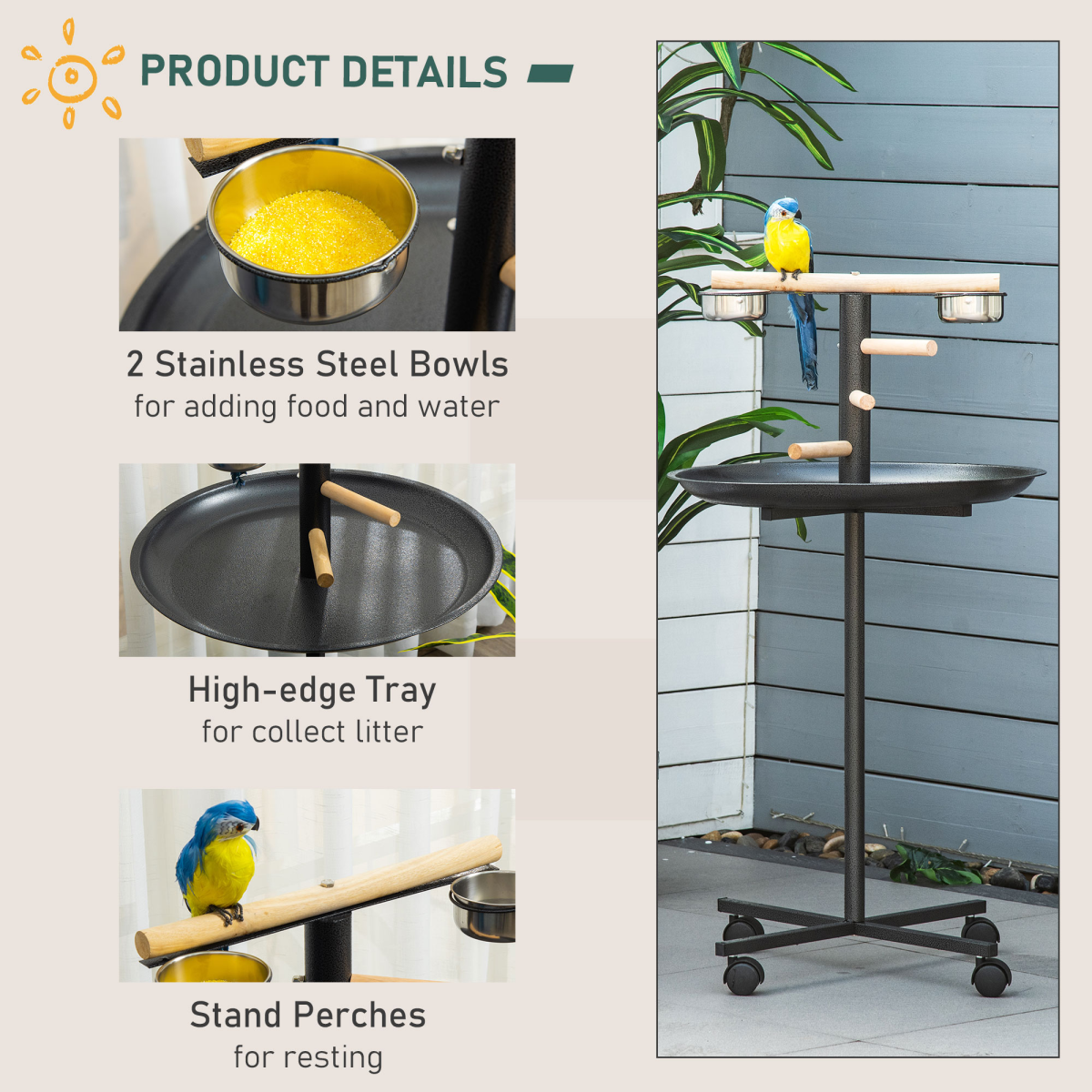Bird Play Stand Portable Feeder Station w/ Wooden Perches, Stainless Steel Bowls