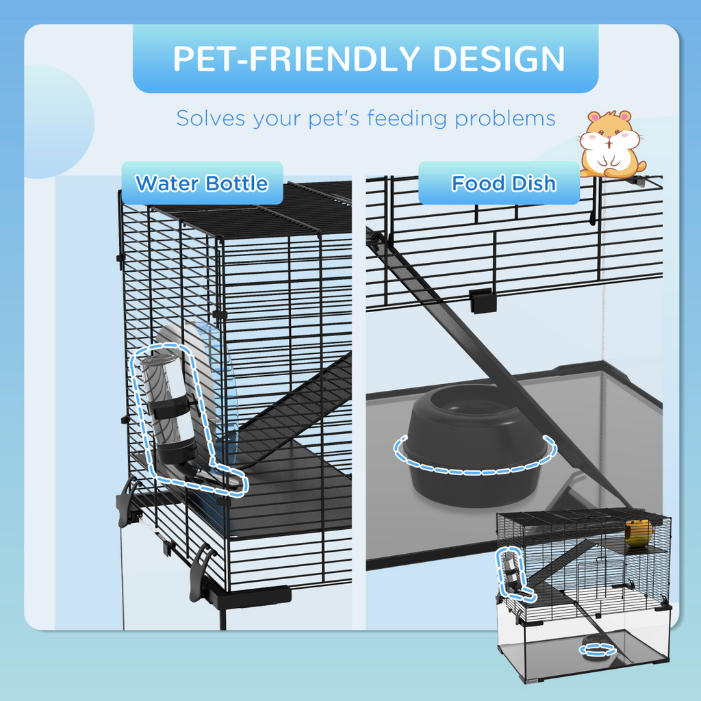 3 Tiers Hamster Cage w/ Deep Glass Bottom, Dish, Hut, 60 x 40 x 57cm