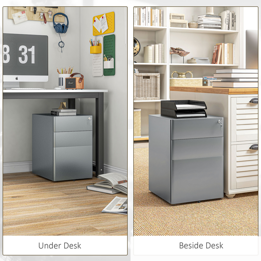 Vinsetto 3 Drawer Metal Filing Cabinet Lockable 5 Wheels Compact Under Desk Grey