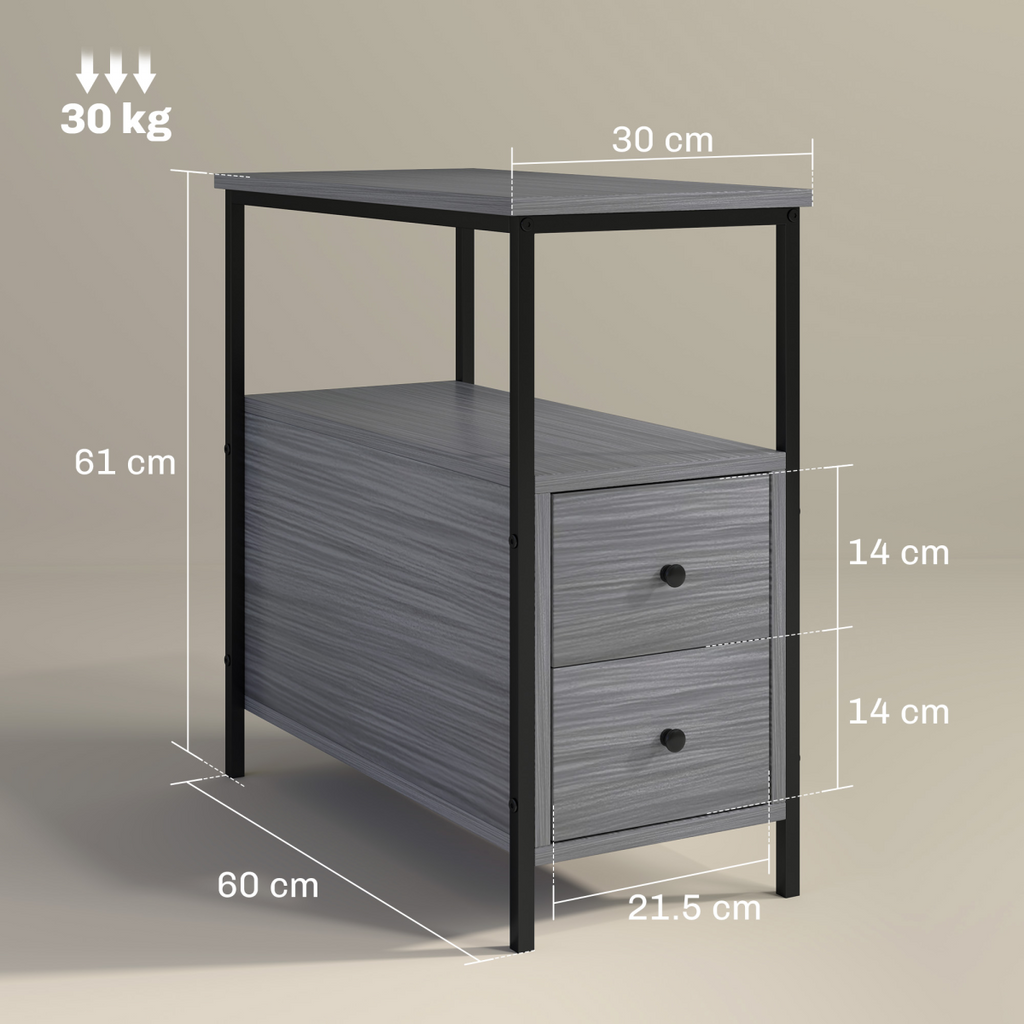 HOMCOM Narrow End Table, Sofa Side Table with 2 Drawers Storage Shelf, Grey
