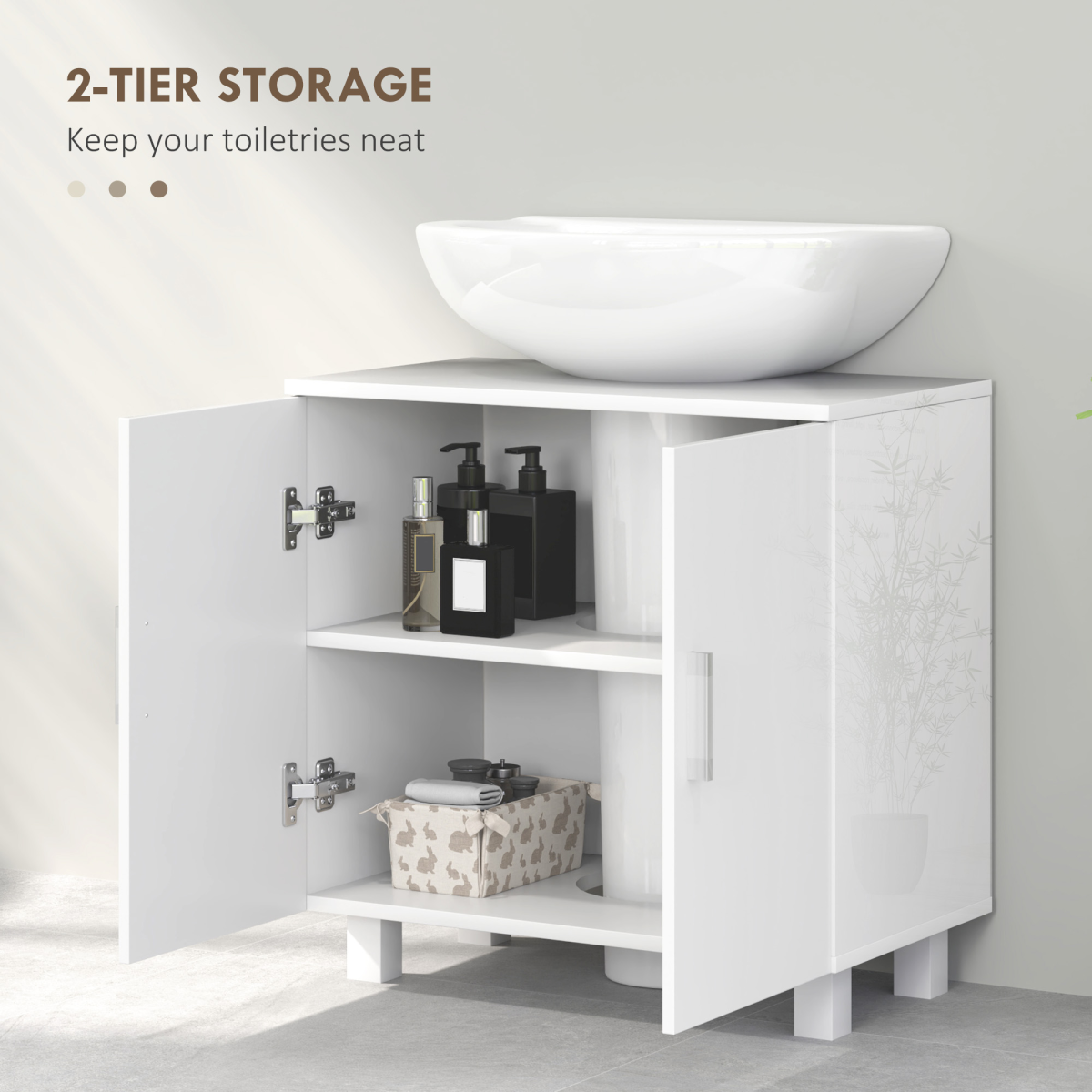 HOMCOM Freestanding Bathroom High Gloss Under Sink Cabinet, White