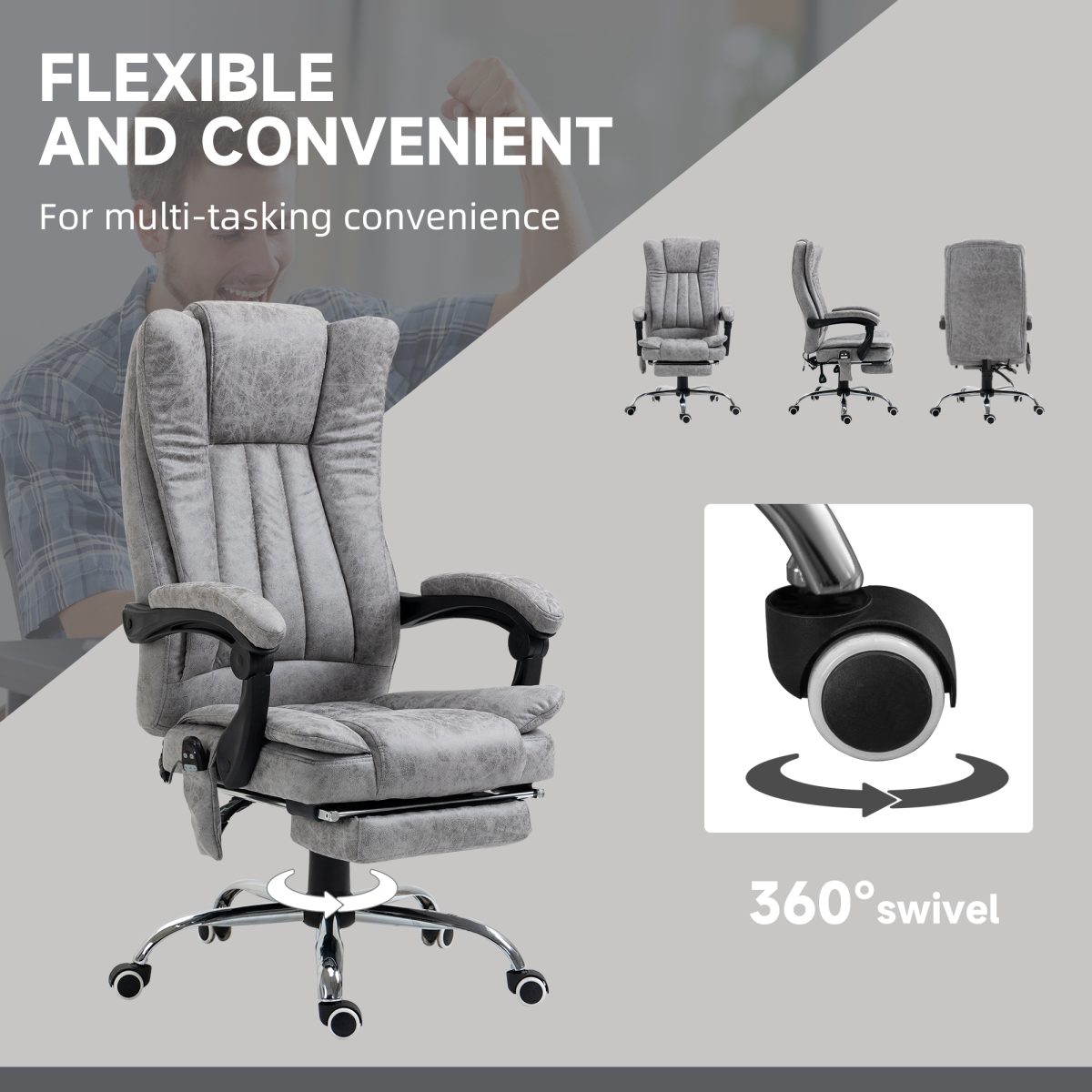 6-Point Vibrating Massage Office Chair with Microfibre Upholstery Arms Grey