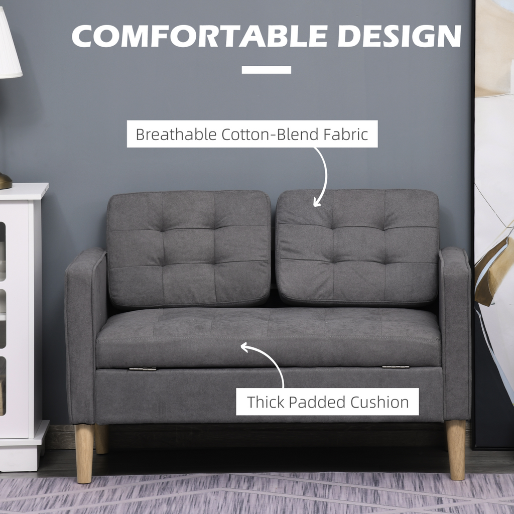 HOMCOM Compact Loveseat Sofa 2 Seater Sofa with Storage and Wood Legs Grey