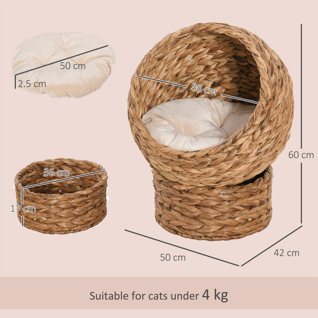 PawHut Elevated Kitten Hooded Rattan Cat House Basket Cushion, 52x42x60cm Brown