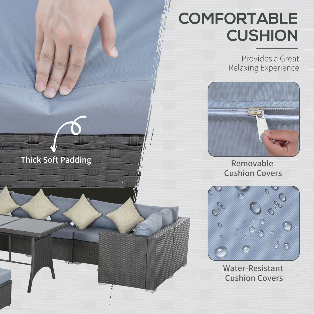 10 Pcs Rattan Sofa Set-Grey/Dusty Blue Cushion