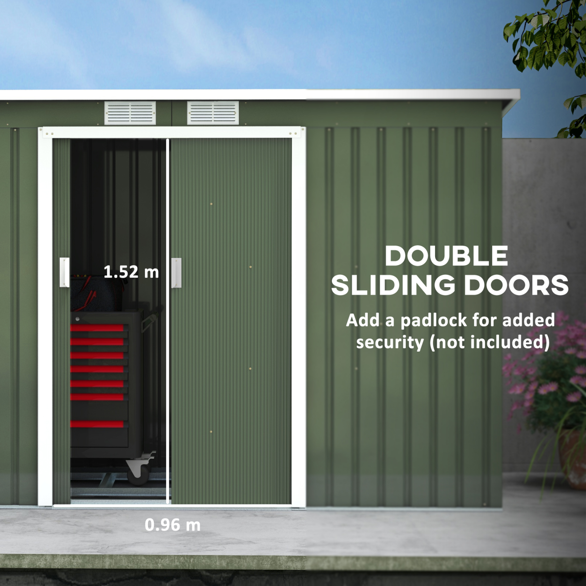 9ft x 4.25ft Corrugated Metal Shed  with Foundation Vent Doors Green