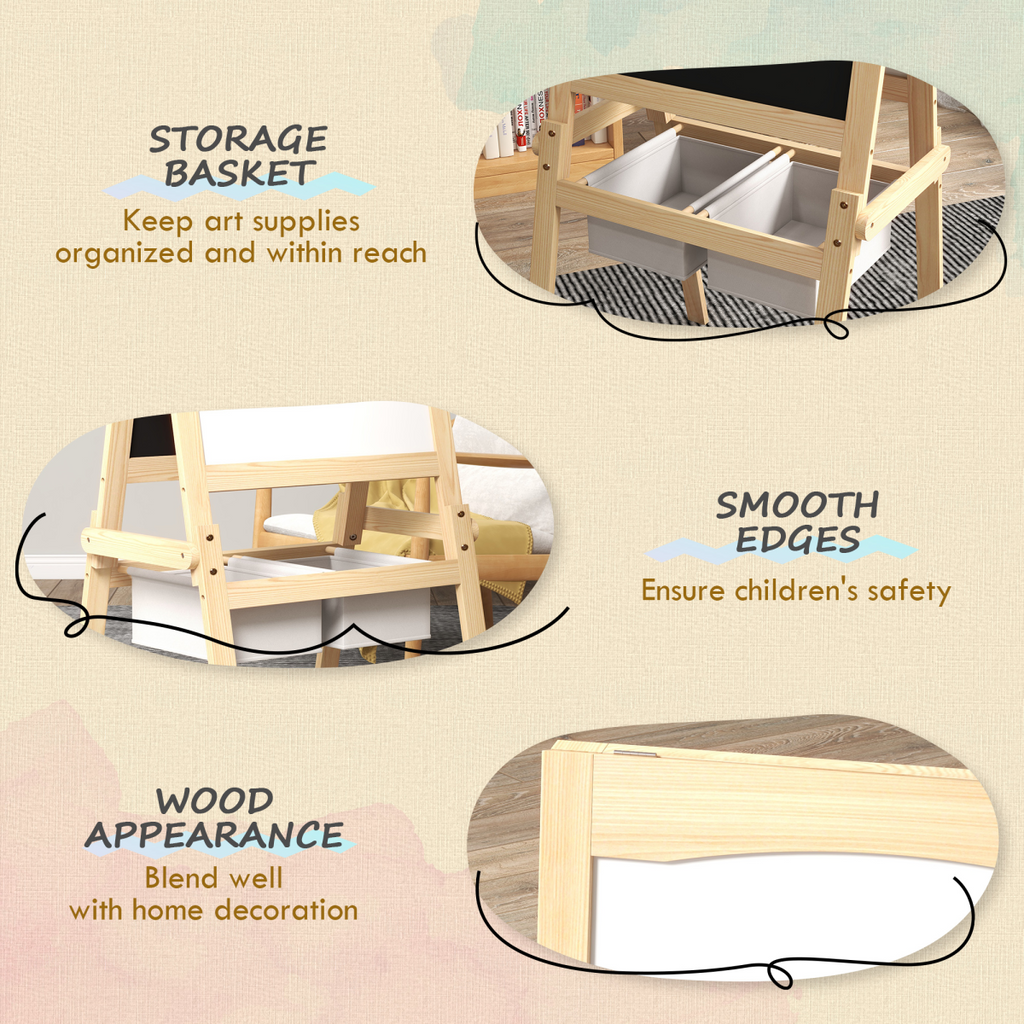AIYAPLAY 3 in 1 Kids Easel with Paper Roll, Storage Baskets - Natural