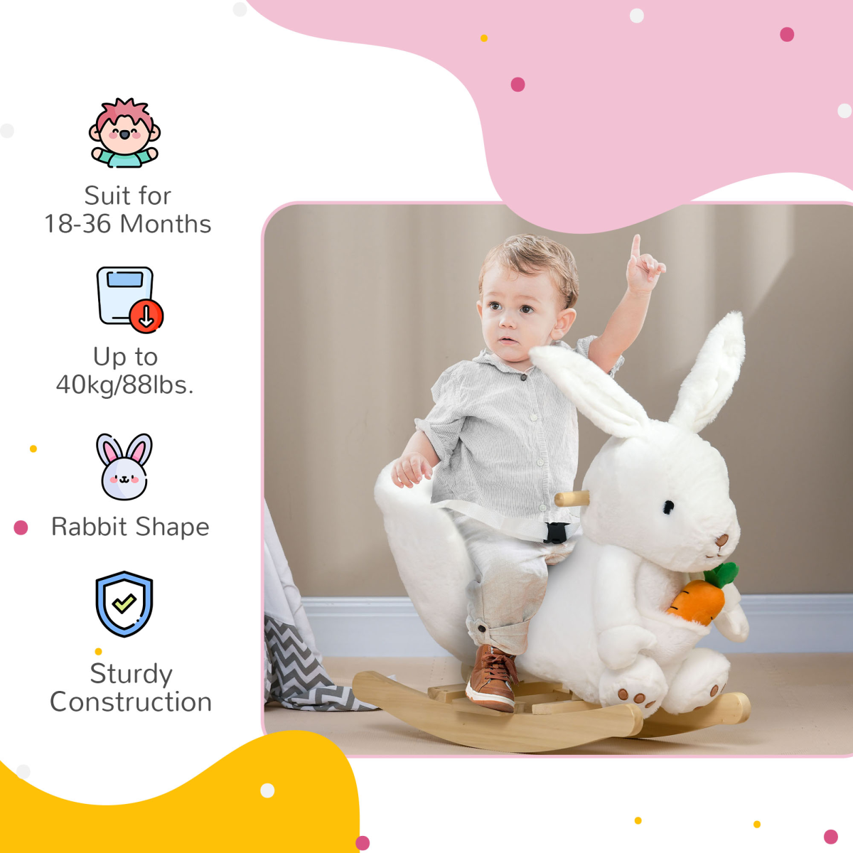 HOMCOM Kids Rabbit-Shaped Rocking Horse with Realistic Sounds Safety Belt White