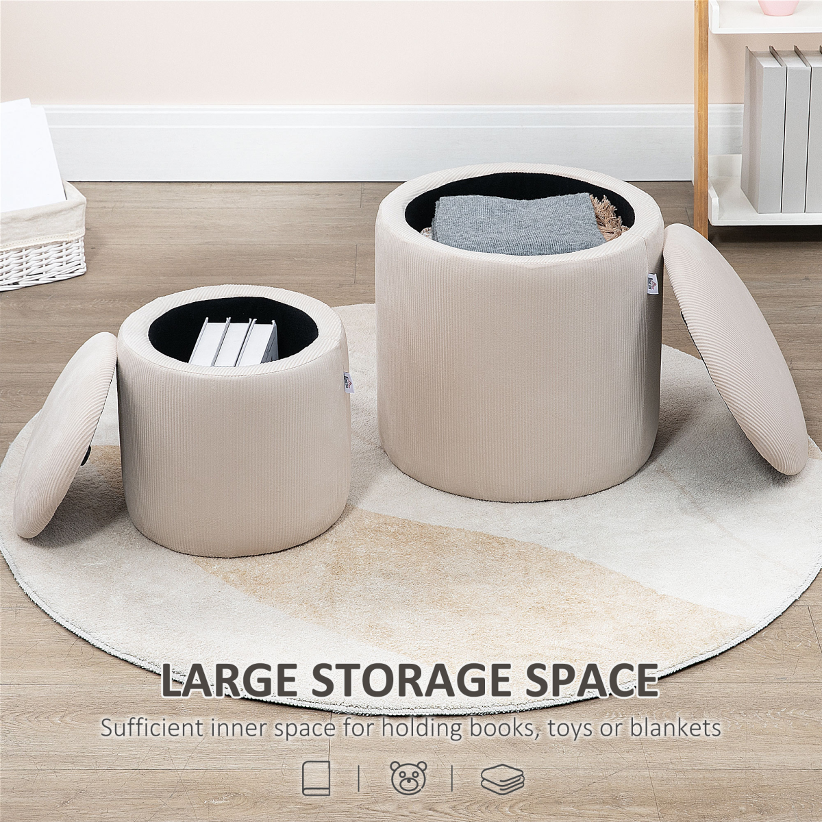 HOMCOM Modern Fabric Storage Ottoman with Removable Lid, Set of 2, Cream White
