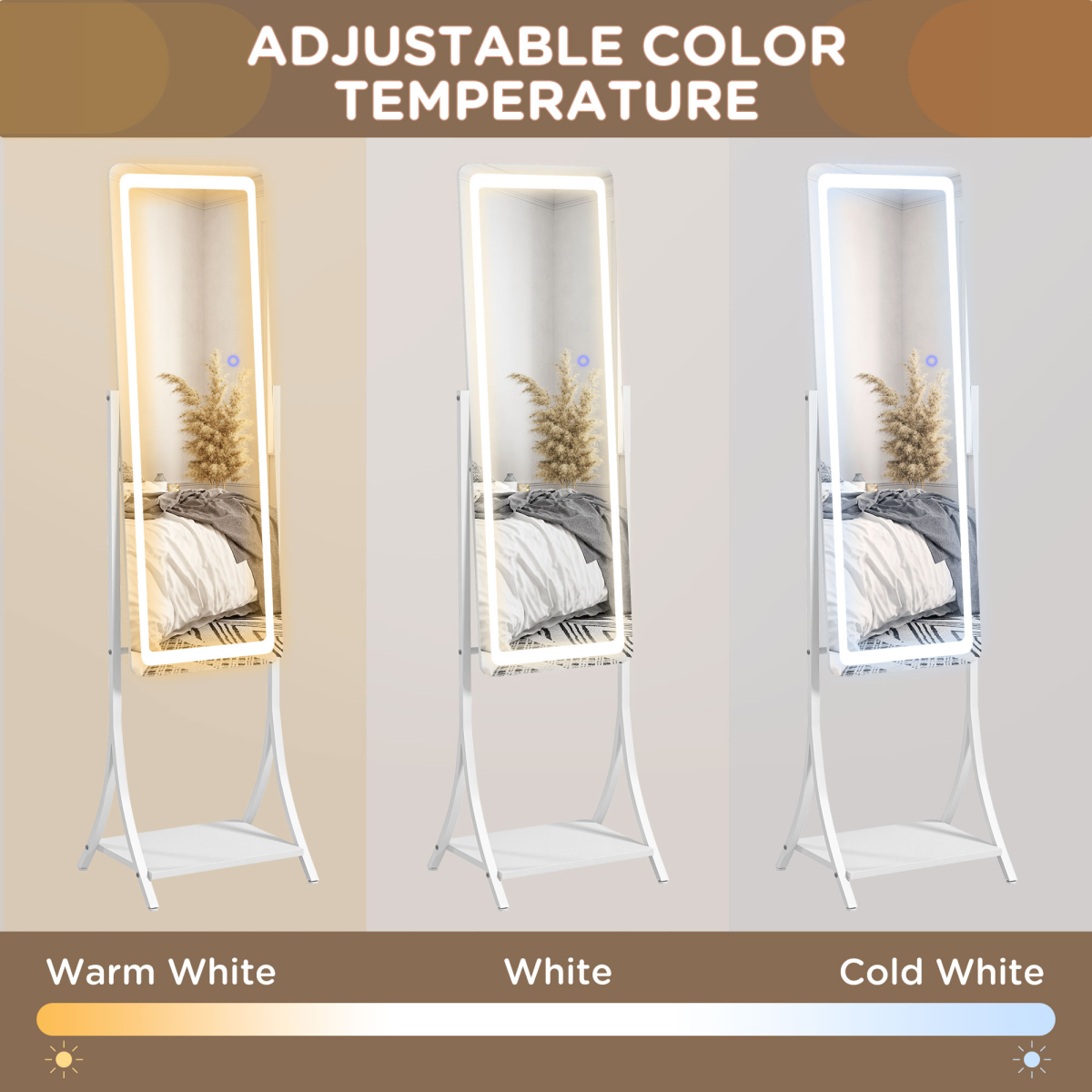HOMCOM LED Lighted Full Length Mirror, Floor Standing Mirror with Storage Shelf
