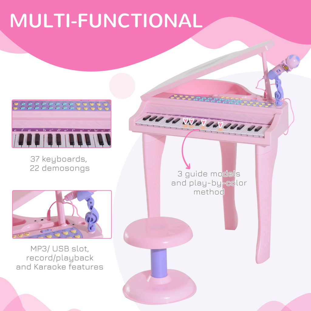 37 Key Musical Mini Piano Electronic Keyboard Microphone Stool Pink