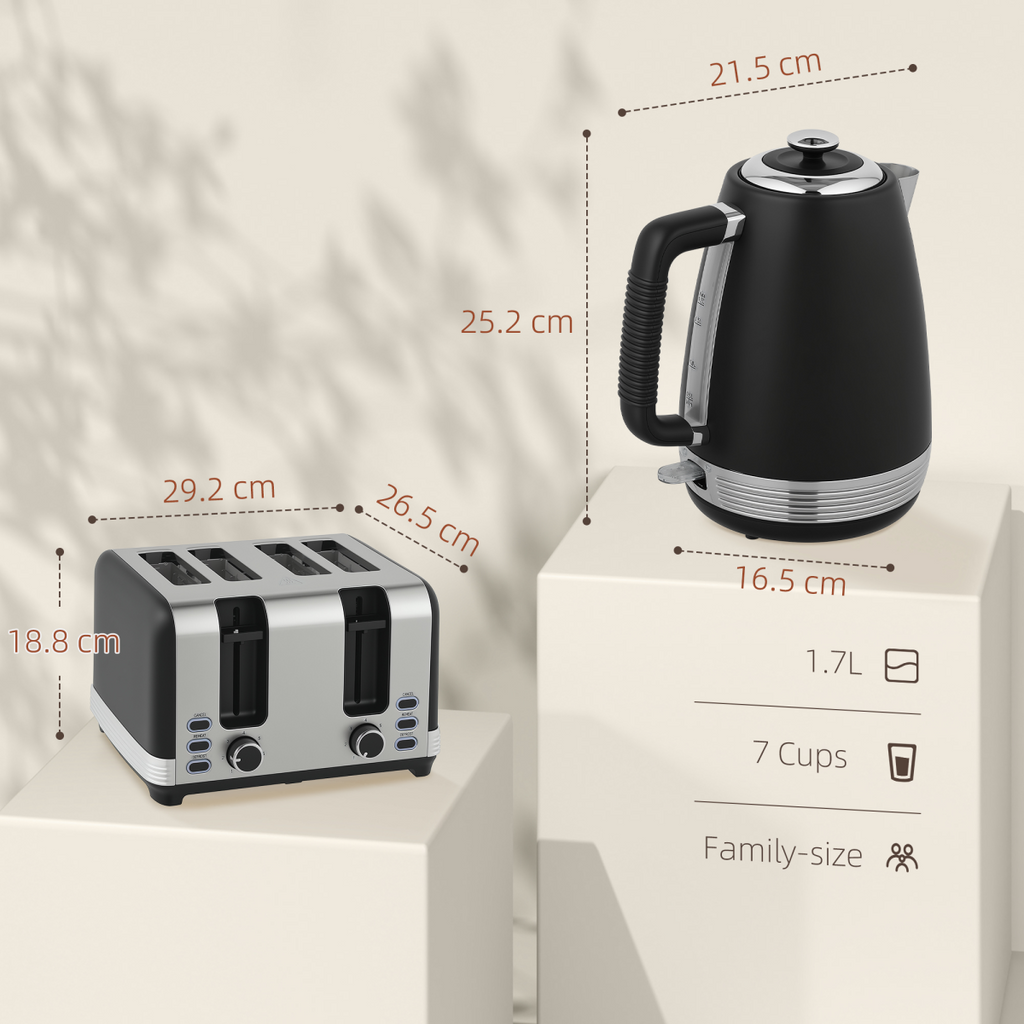 HOMCOM 1.7L 3000W Quick Boil Kettle and 4 Slice Toaster Set Crumb Tray Black